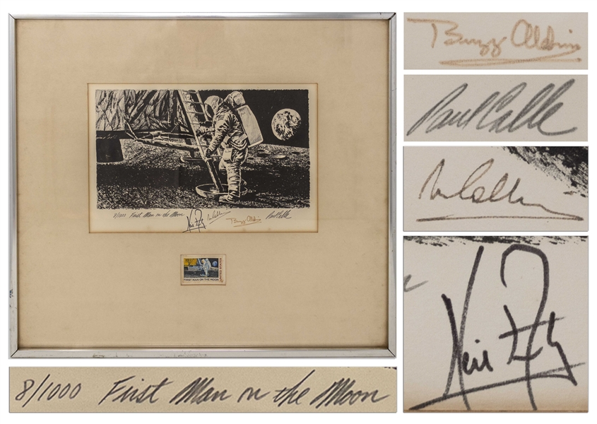 Apollo 11 Crew Signed Limited Edition of the Famous Paul Calle Artwork ''First Man on the Moon'' -- #8 in the Limited Edition, Signed by Neil Armstrong, Buzz Aldrin & Michael Collins